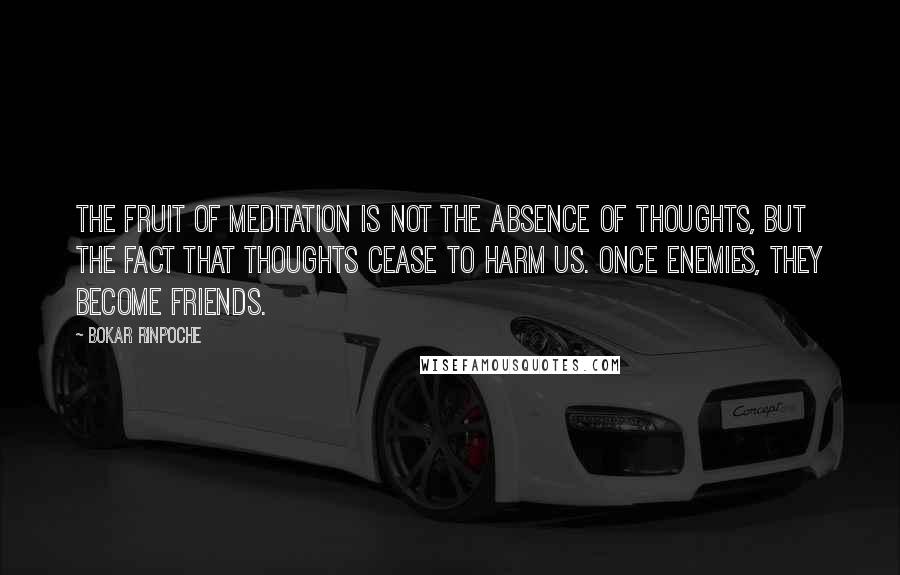 Bokar Rinpoche Quotes: The fruit of meditation is not the absence of thoughts, but the fact that thoughts cease to harm us. Once enemies, they become friends.