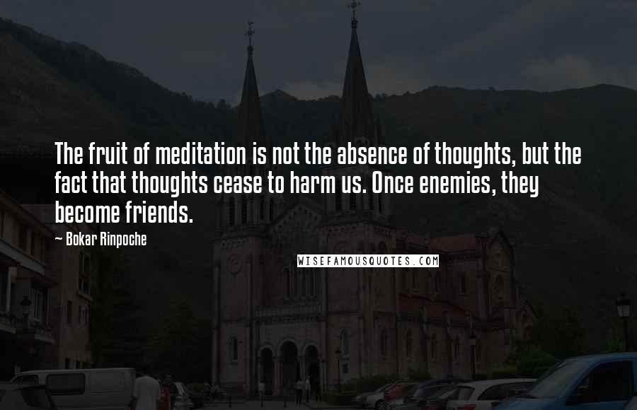 Bokar Rinpoche Quotes: The fruit of meditation is not the absence of thoughts, but the fact that thoughts cease to harm us. Once enemies, they become friends.