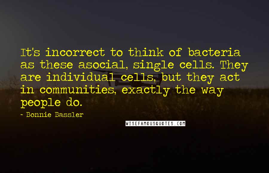 Bonnie Bassler Quotes: It's incorrect to think of bacteria as these asocial, single cells. They are individual cells, but they act in communities, exactly the way people do.