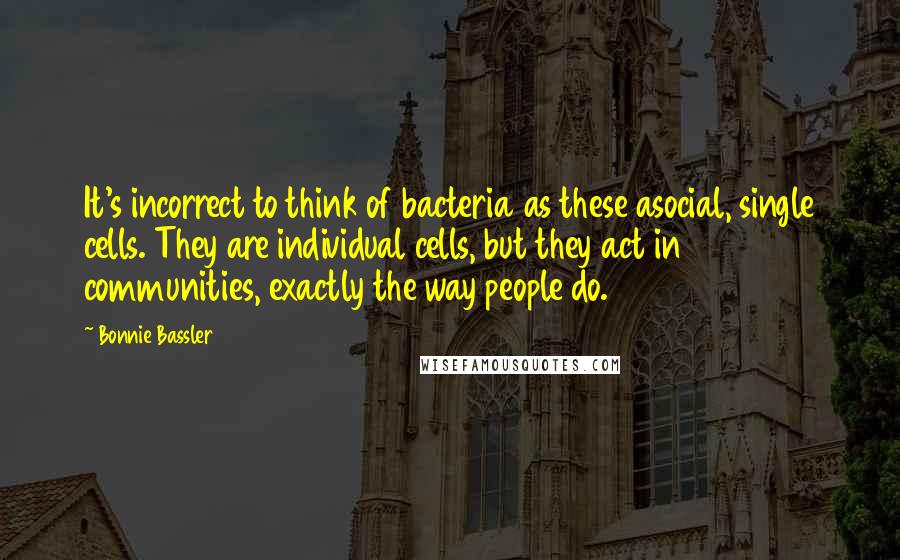 Bonnie Bassler Quotes: It's incorrect to think of bacteria as these asocial, single cells. They are individual cells, but they act in communities, exactly the way people do.