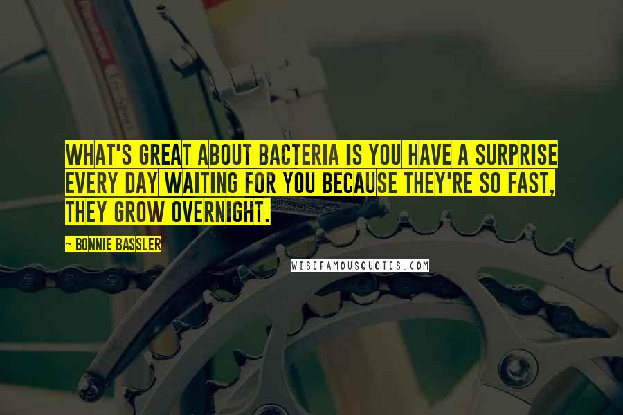 Bonnie Bassler Quotes: What's great about bacteria is you have a surprise every day waiting for you because they're so fast, they grow overnight.