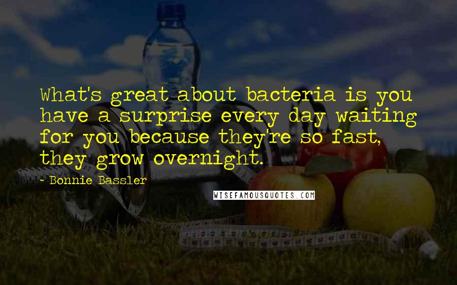 Bonnie Bassler Quotes: What's great about bacteria is you have a surprise every day waiting for you because they're so fast, they grow overnight.