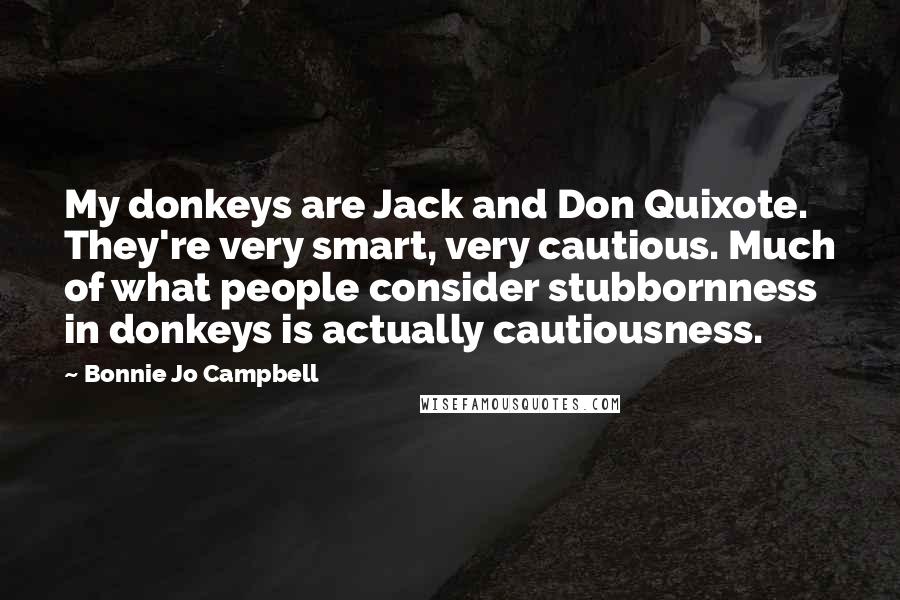 Bonnie Jo Campbell Quotes: My donkeys are Jack and Don Quixote. They're very smart, very cautious. Much of what people consider stubbornness in donkeys is actually cautiousness.