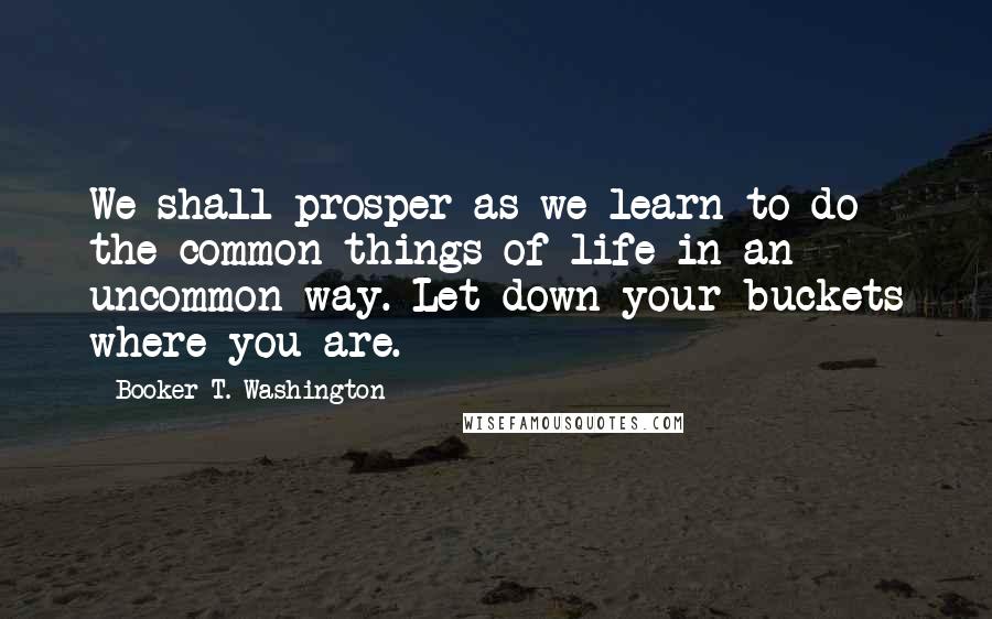 Booker T. Washington Quotes: We shall prosper as we learn to do the common things of life in an uncommon way. Let down your buckets where you are.