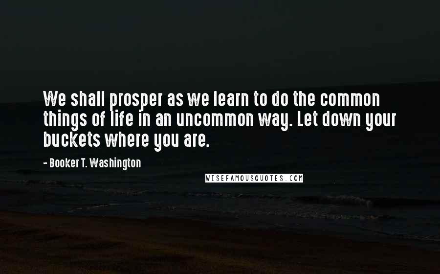 Booker T. Washington Quotes: We shall prosper as we learn to do the common things of life in an uncommon way. Let down your buckets where you are.