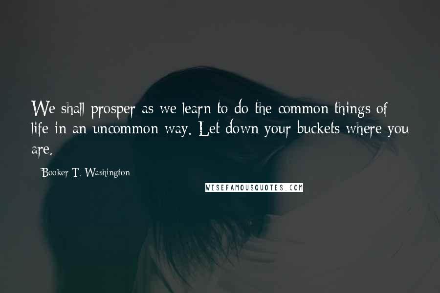 Booker T. Washington Quotes: We shall prosper as we learn to do the common things of life in an uncommon way. Let down your buckets where you are.