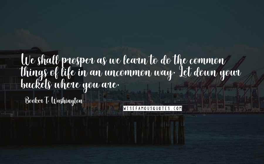 Booker T. Washington Quotes: We shall prosper as we learn to do the common things of life in an uncommon way. Let down your buckets where you are.
