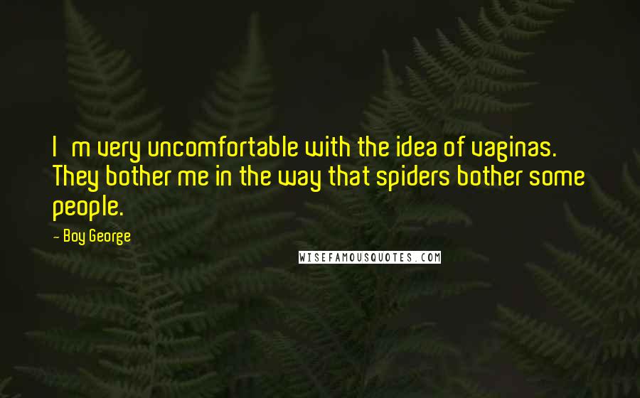 Boy George Quotes: I'm very uncomfortable with the idea of vaginas. They bother me in the way that spiders bother some people.