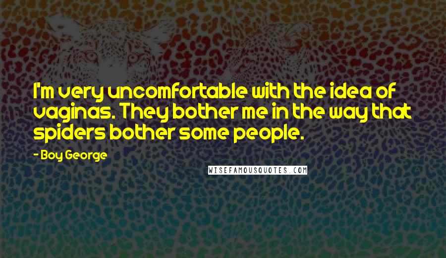 Boy George Quotes: I'm very uncomfortable with the idea of vaginas. They bother me in the way that spiders bother some people.