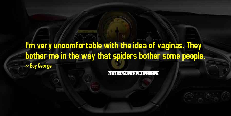 Boy George Quotes: I'm very uncomfortable with the idea of vaginas. They bother me in the way that spiders bother some people.