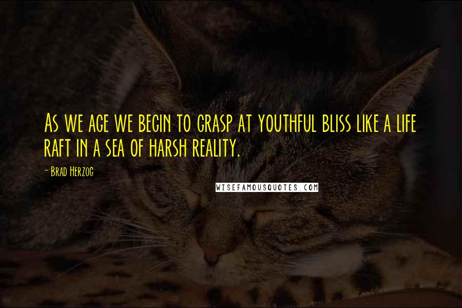 Brad Herzog Quotes: As we age we begin to grasp at youthful bliss like a life raft in a sea of harsh reality.