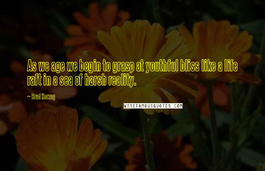 Brad Herzog Quotes: As we age we begin to grasp at youthful bliss like a life raft in a sea of harsh reality.