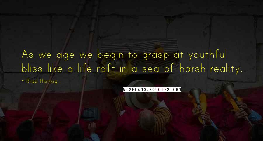 Brad Herzog Quotes: As we age we begin to grasp at youthful bliss like a life raft in a sea of harsh reality.