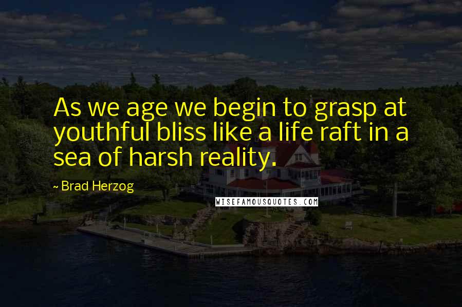 Brad Herzog Quotes: As we age we begin to grasp at youthful bliss like a life raft in a sea of harsh reality.