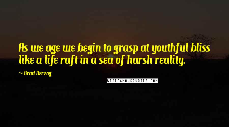 Brad Herzog Quotes: As we age we begin to grasp at youthful bliss like a life raft in a sea of harsh reality.