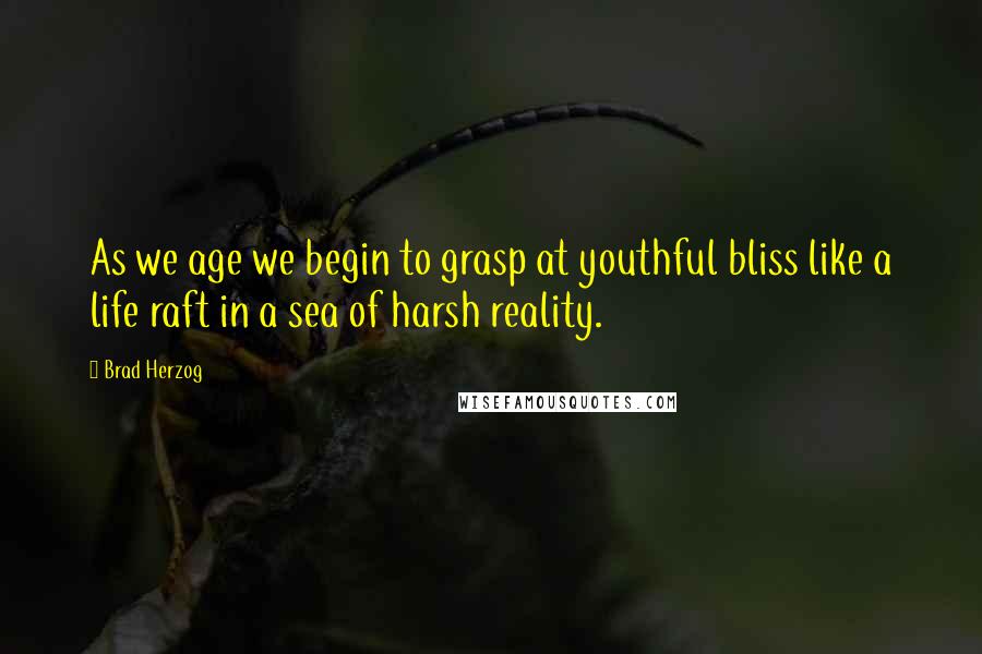 Brad Herzog Quotes: As we age we begin to grasp at youthful bliss like a life raft in a sea of harsh reality.