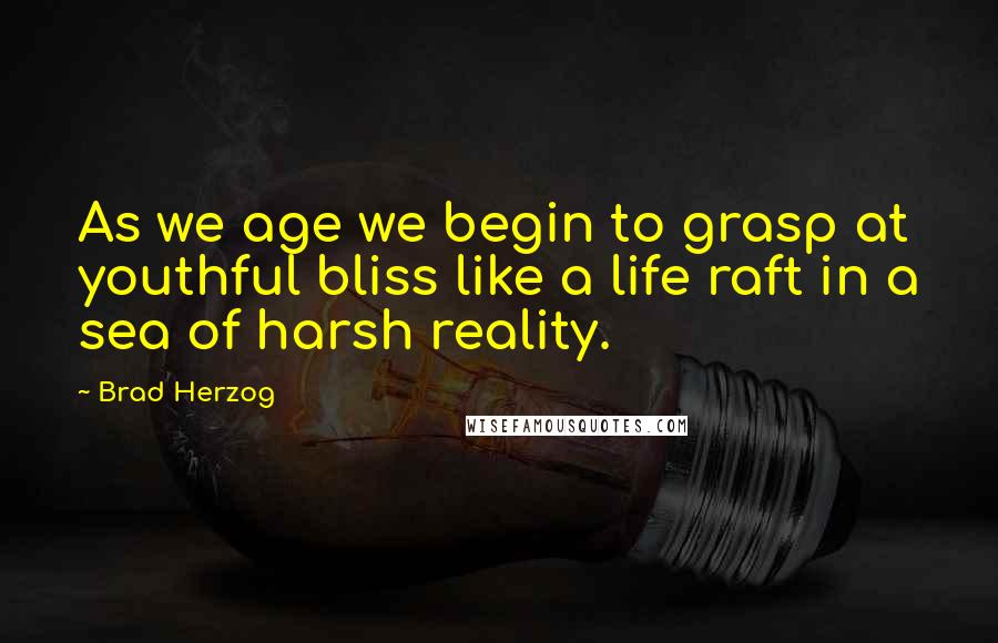 Brad Herzog Quotes: As we age we begin to grasp at youthful bliss like a life raft in a sea of harsh reality.