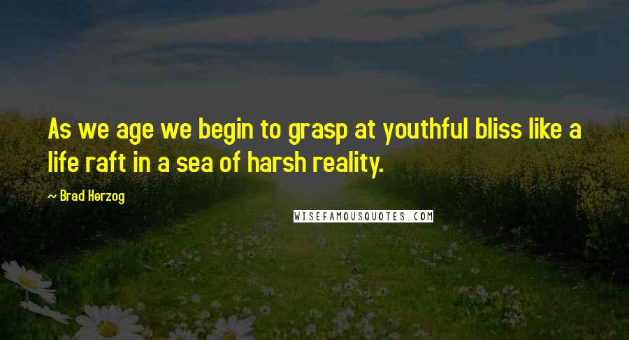 Brad Herzog Quotes: As we age we begin to grasp at youthful bliss like a life raft in a sea of harsh reality.