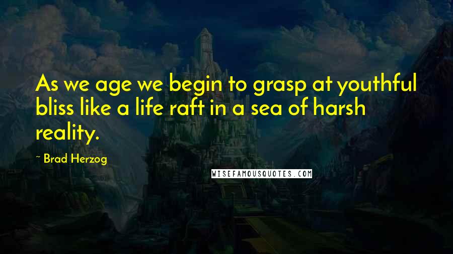 Brad Herzog Quotes: As we age we begin to grasp at youthful bliss like a life raft in a sea of harsh reality.