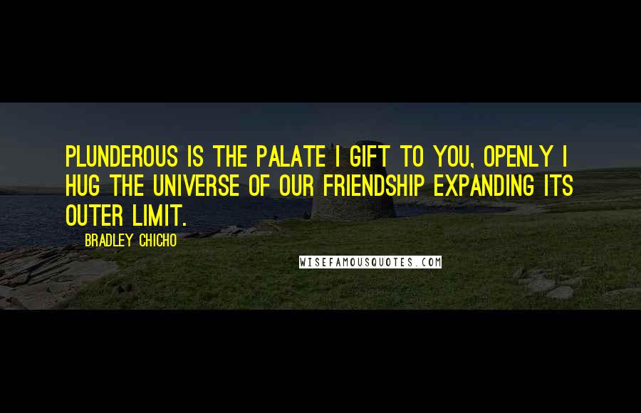 Bradley Chicho Quotes: Plunderous is the palate I gift to you, openly I hug the universe of our friendship expanding its outer limit.