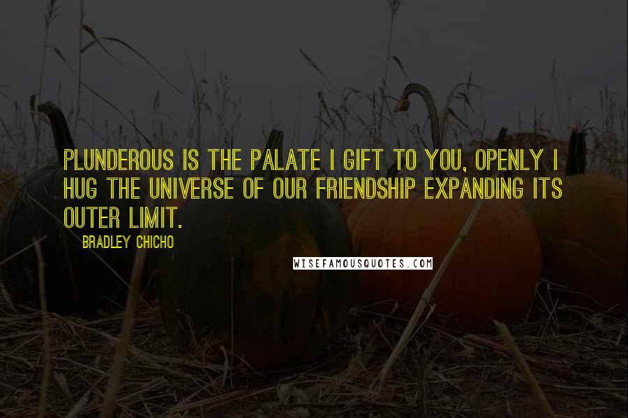 Bradley Chicho Quotes: Plunderous is the palate I gift to you, openly I hug the universe of our friendship expanding its outer limit.