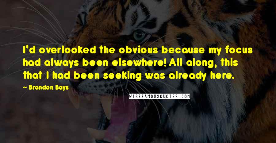 Brandon Bays Quotes: I'd overlooked the obvious because my focus had always been elsewhere! All along, this that I had been seeking was already here.