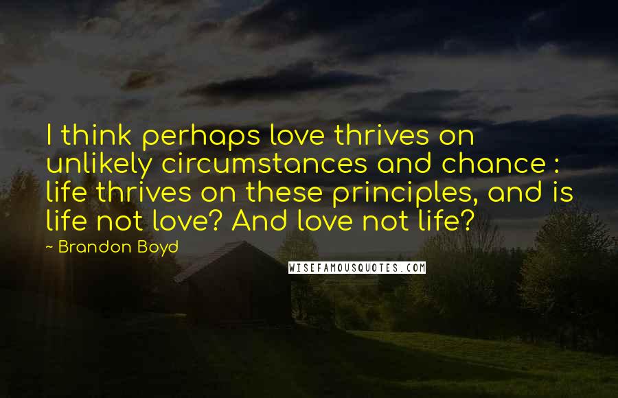 Brandon Boyd Quotes: I think perhaps love thrives on unlikely circumstances and chance : life thrives on these principles, and is life not love? And love not life?