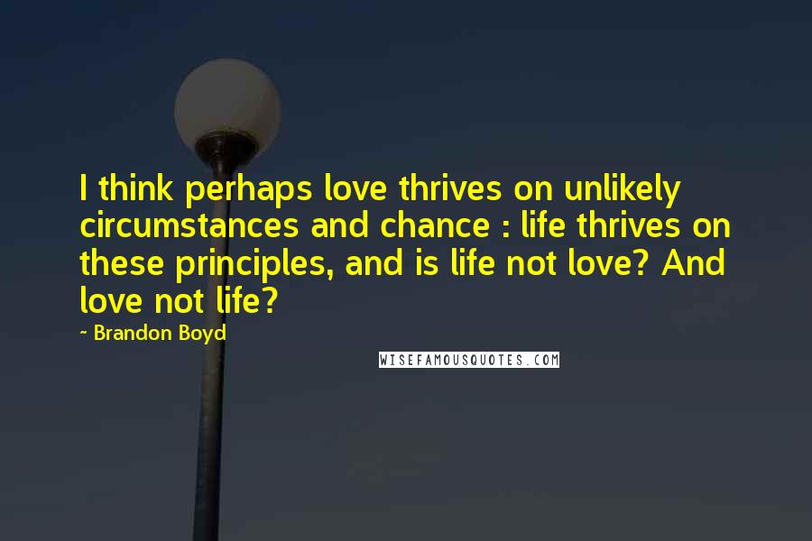 Brandon Boyd Quotes: I think perhaps love thrives on unlikely circumstances and chance : life thrives on these principles, and is life not love? And love not life?