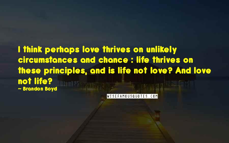 Brandon Boyd Quotes: I think perhaps love thrives on unlikely circumstances and chance : life thrives on these principles, and is life not love? And love not life?