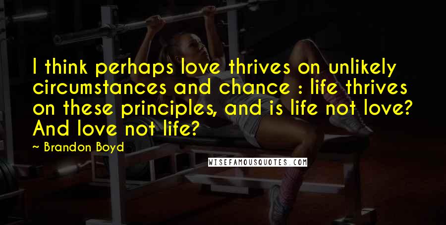 Brandon Boyd Quotes: I think perhaps love thrives on unlikely circumstances and chance : life thrives on these principles, and is life not love? And love not life?