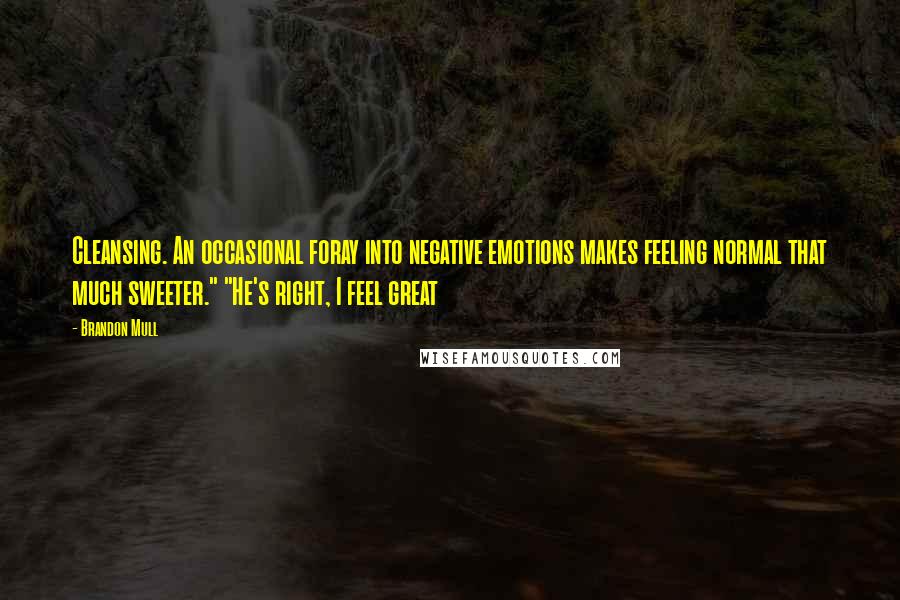 Brandon Mull Quotes: Cleansing. An occasional foray into negative emotions makes feeling normal that much sweeter." "He's right, I feel great