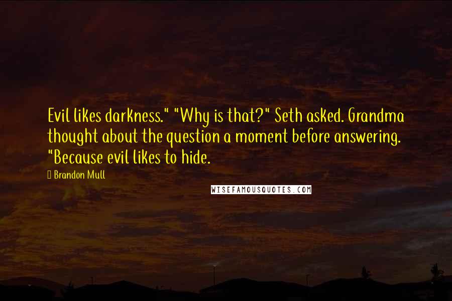 Brandon Mull Quotes: Evil likes darkness." "Why is that?" Seth asked. Grandma thought about the question a moment before answering. "Because evil likes to hide.