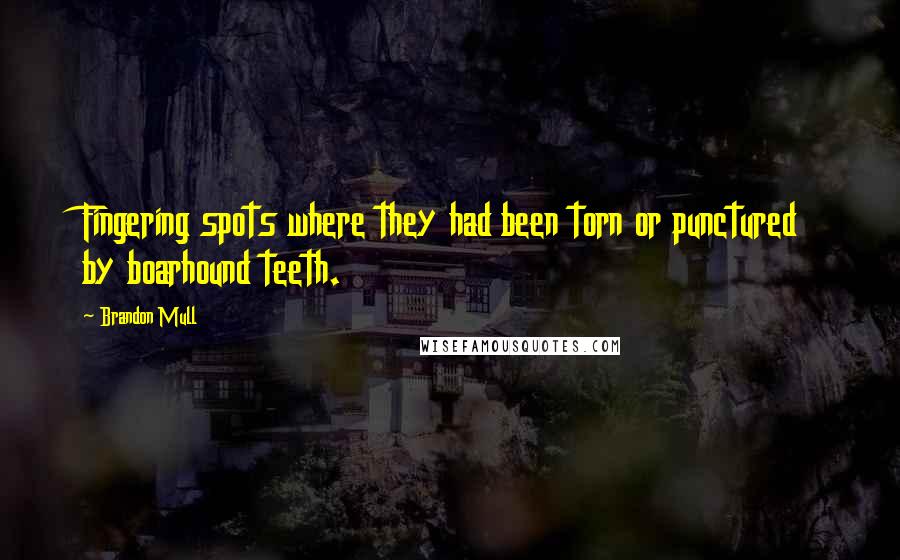 Brandon Mull Quotes: Fingering spots where they had been torn or punctured by boarhound teeth.
