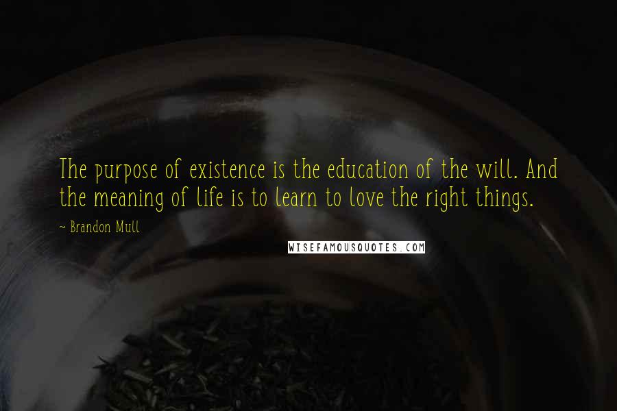 Brandon Mull Quotes: The purpose of existence is the education of the will. And the meaning of life is to learn to love the right things.