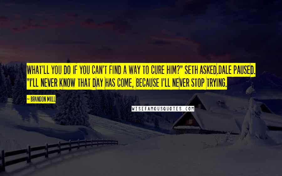 Brandon Mull Quotes: What'll you do if you can't find a way to cure him?" Seth asked.Dale paused. "I'll never know that day has come, because I'll never stop trying.