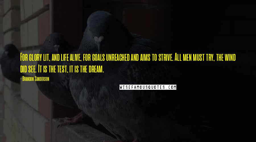Brandon Sanderson Quotes: For glory lit, and life alive, for goals unreached and aims to strive. All men must try, the wind did see. It is the test, it is the dream.