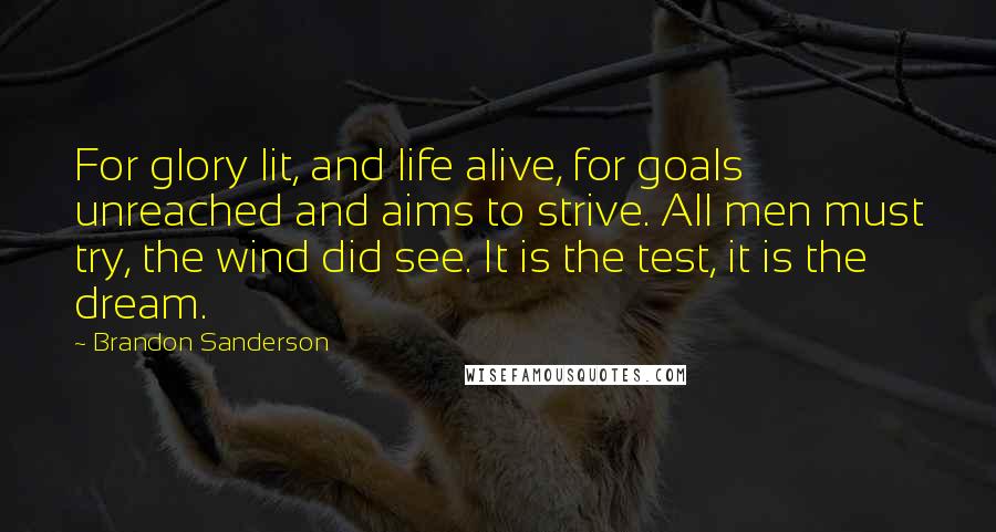 Brandon Sanderson Quotes: For glory lit, and life alive, for goals unreached and aims to strive. All men must try, the wind did see. It is the test, it is the dream.