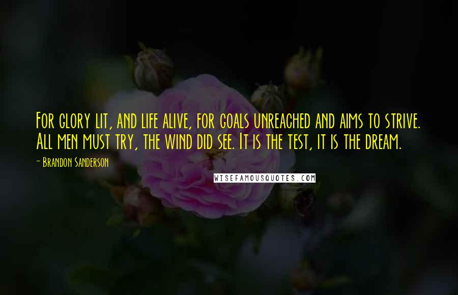Brandon Sanderson Quotes: For glory lit, and life alive, for goals unreached and aims to strive. All men must try, the wind did see. It is the test, it is the dream.