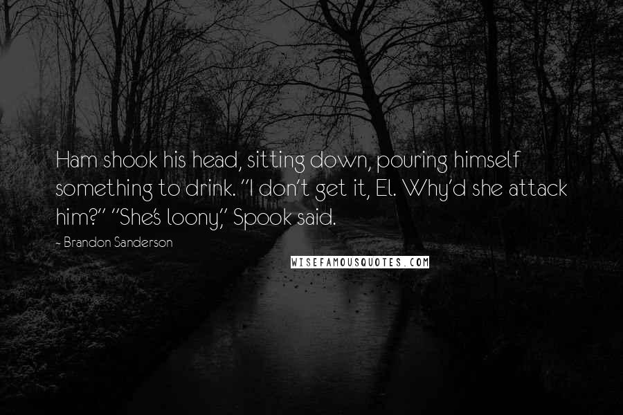 Brandon Sanderson Quotes: Ham shook his head, sitting down, pouring himself something to drink. "I don't get it, El. Why'd she attack him?" "She's loony," Spook said.