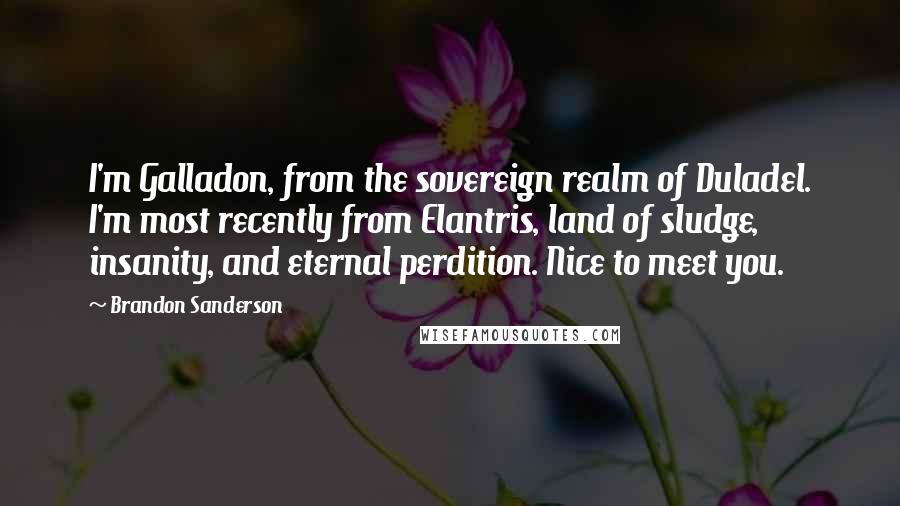 Brandon Sanderson Quotes: I'm Galladon, from the sovereign realm of Duladel. I'm most recently from Elantris, land of sludge, insanity, and eternal perdition. Nice to meet you.