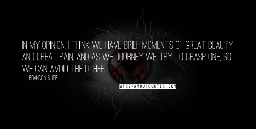 Brandon Shire Quotes: In my opinion, I think we have brief moments of great beauty and great pain, and as we journey we try to grasp one, so we can avoid the other.