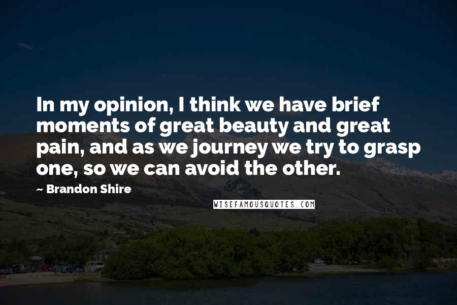 Brandon Shire Quotes: In my opinion, I think we have brief moments of great beauty and great pain, and as we journey we try to grasp one, so we can avoid the other.