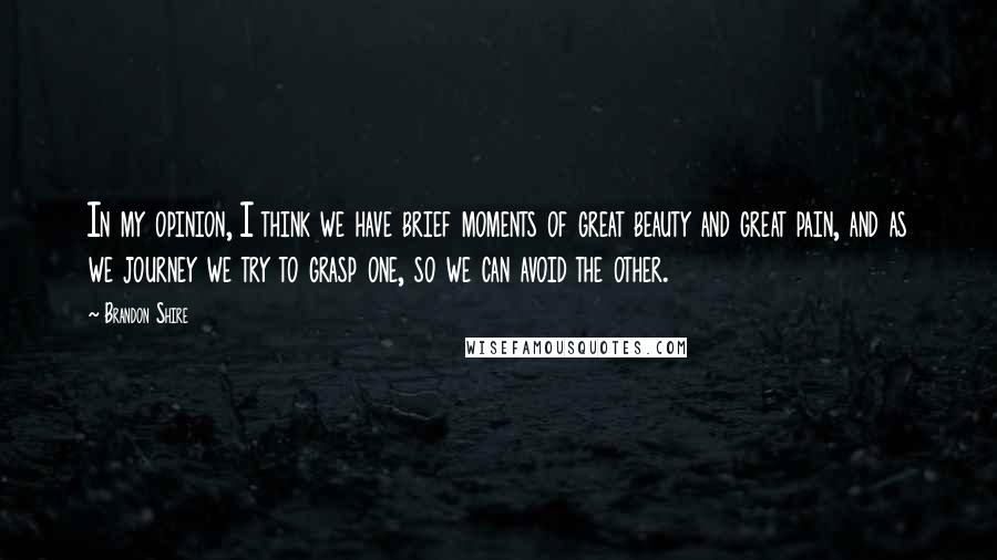 Brandon Shire Quotes: In my opinion, I think we have brief moments of great beauty and great pain, and as we journey we try to grasp one, so we can avoid the other.