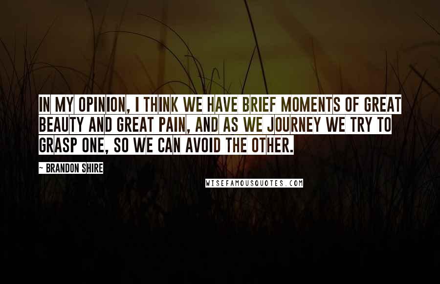 Brandon Shire Quotes: In my opinion, I think we have brief moments of great beauty and great pain, and as we journey we try to grasp one, so we can avoid the other.