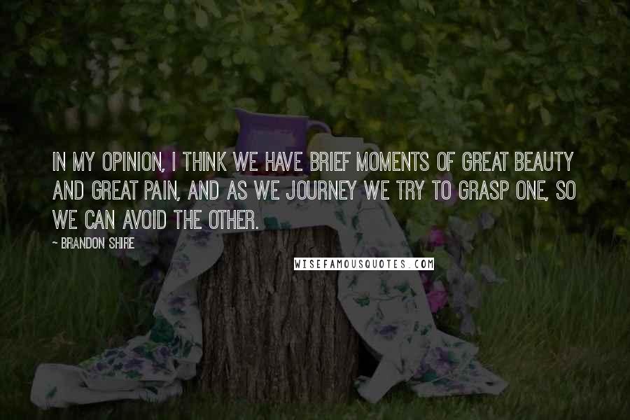 Brandon Shire Quotes: In my opinion, I think we have brief moments of great beauty and great pain, and as we journey we try to grasp one, so we can avoid the other.