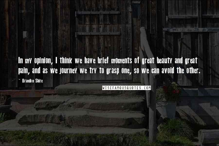 Brandon Shire Quotes: In my opinion, I think we have brief moments of great beauty and great pain, and as we journey we try to grasp one, so we can avoid the other.