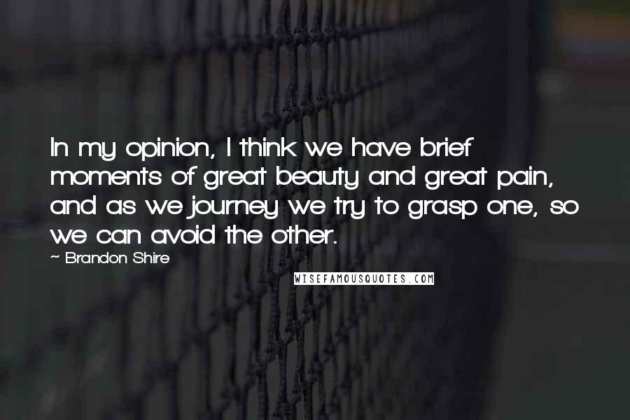 Brandon Shire Quotes: In my opinion, I think we have brief moments of great beauty and great pain, and as we journey we try to grasp one, so we can avoid the other.