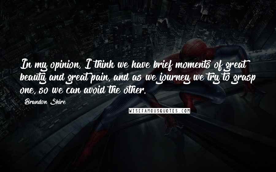 Brandon Shire Quotes: In my opinion, I think we have brief moments of great beauty and great pain, and as we journey we try to grasp one, so we can avoid the other.