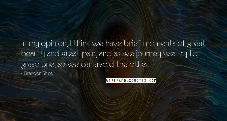 Brandon Shire Quotes: In my opinion, I think we have brief moments of great beauty and great pain, and as we journey we try to grasp one, so we can avoid the other.