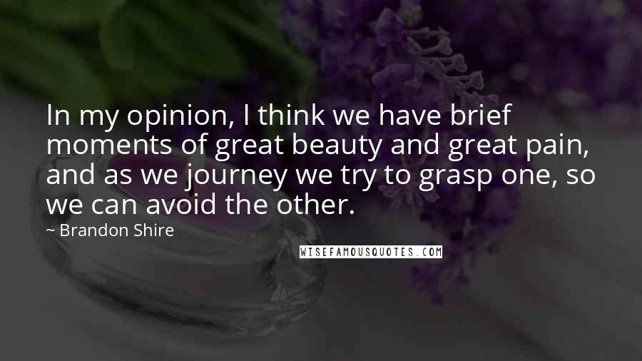 Brandon Shire Quotes: In my opinion, I think we have brief moments of great beauty and great pain, and as we journey we try to grasp one, so we can avoid the other.